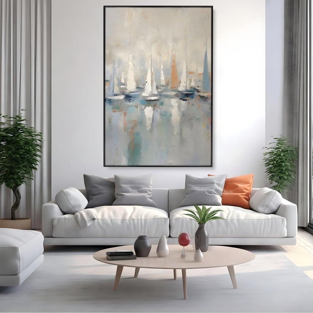 Tablou canvas cu pictura abstracta cu barci cu panze, in rama de aluminiu negru, pe perete intr-un living